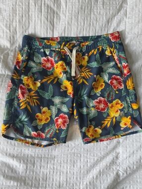 Fair Harbor Navy Floral Swim Trunks with Yellow & Red Flowers